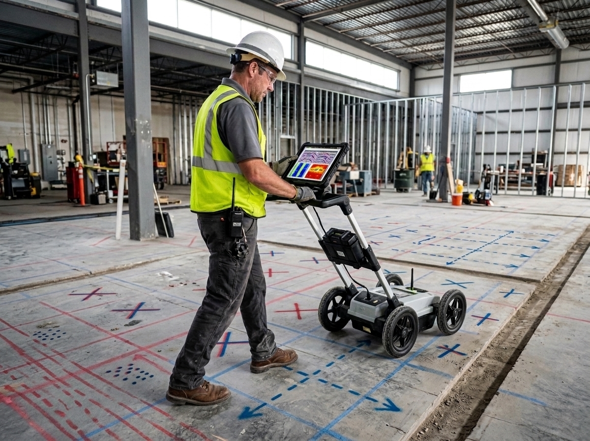 GPR scanning pass across a slab before cutting. Typical of Northwest Quadrant & Airport Business Park projects