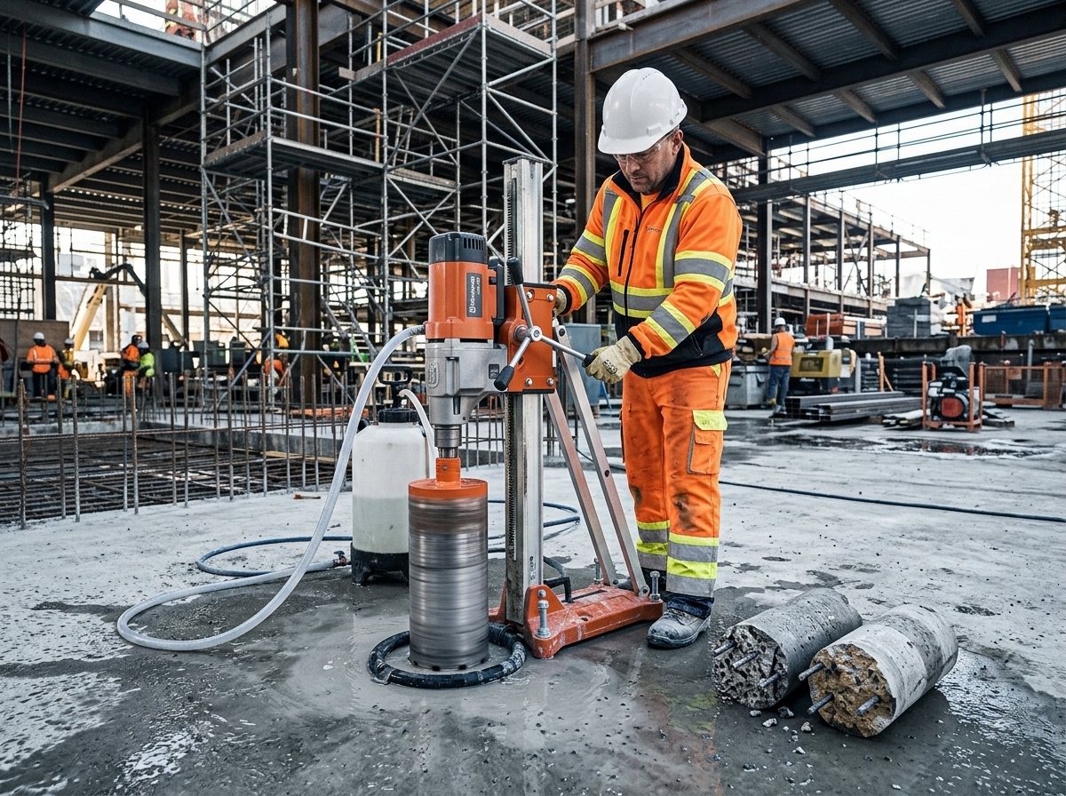 Drill stand and water feed set up for a core hole, University of Utah Research Park