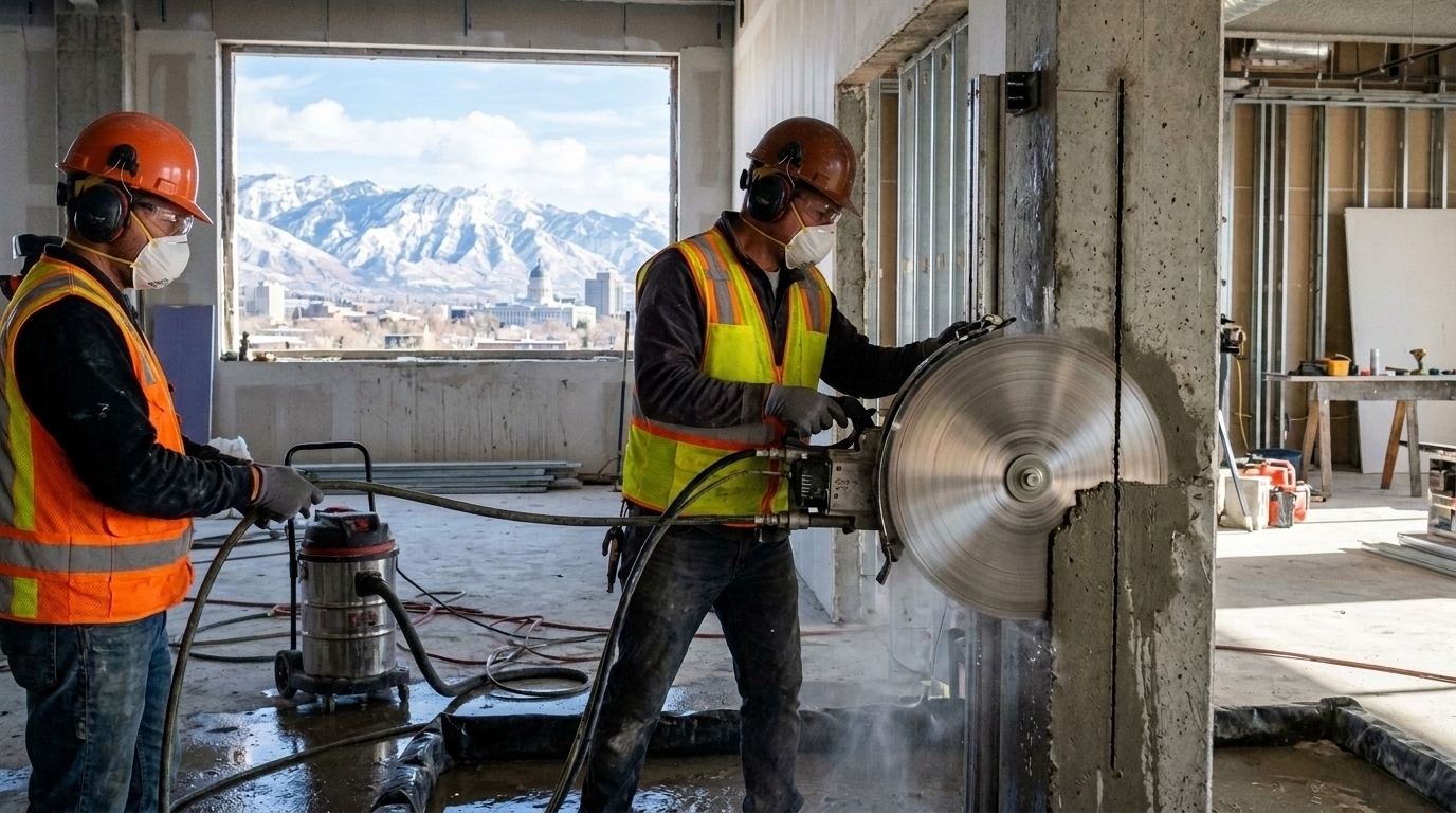 Flat saw trenching a slab with water control in place near South Salt Lake Industrial Corridor